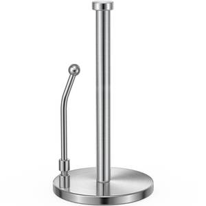 lot 4772 image: SMARTAKE Paper Towel Holder, Paper Towel Dispenser Standing Weighted Base Non Slip, Spring Arm for Easy Tear, Stainless Steel Paper Towel Holder for Home Kitchen Countertop Tabletop, Silver