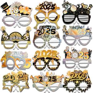lot 7005 image: HOWAF 24 Pieces Happy New Year Party Supplies Glitter Glasses, Black Gold Silver 2025 New Years Eve Party Favors Photo Booth Props Eyeglasses Frame for 24 Pieces NYE Party Favors Decorations