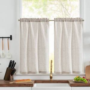 lot 7006 image: jinchan Linen Kitchen Curtains 45 Inch Length Striped Tier Curtains Ticking Stripe Small Drapes for Living Room Bathroom Cafe Small Window Farmhouse Rustic Pinstripe Rod Pocket 2 Panels Taupe