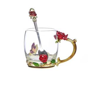 lot 7014 image: Guon-Wuvl Handicraft Crystal Glass 3D Flower Cups Tea Mug With Tea Spoon Women Coffee, Tea, Juice, Beer, Milk Hot And Cold Drinks Use Gift Package. (Rose Red Coffee Cup, 11 OZ)