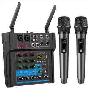 lot 2900 image: Aveek 150W x2 Powered Amplifier Audio Mixer,4 Channel With Dual Wireless Mic Sound Board Console MP3 Digital USB Bluetooth Computer Input 48V Phantom Power Stereo DJ Mixing for Karaoke Party - Retail $137.87