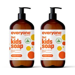 lot 2922 image: Everyone 3-in-1 Kids Soap, Body Wash, Bubble Bath, Shampoo, 32 Ounce (Pack of 2), Orange Squeeze, Coconut Cleanser with Organic Plant Extracts and Pure Essential Oils (Packaging May Vary)