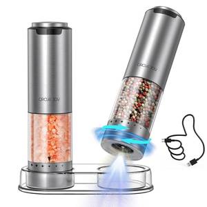lot 2951 image: CIRCLE JOY Rechargeable Electric Salt and Pepper Grinder Set with Base, Stainless Steel Pepper Mills with 95ml Container, White LED Light and External Adjustable Coarseness, Silver