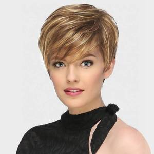 lot 2984 image: Creamily Short Brown Pixie Cut Wig for Women Short Hair Wigs with Bangs Mixed Blonde Highlight Layered Fluffy Synthetic Hair Replacement Wig Halloween Costumes Wigs