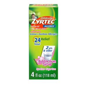 lot 7176 image: Zyrtec Childrens 24 Hour Allergy Relief Syrup, 5 mg Cetirizine HCl Antihistamine, Kids Allergy Medicine for Indoor & Outdoor Allergy Relief, Dye-Free & Sugar-Free, Bubble Gum, 4 fl. oz