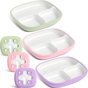 lot 7181 image: Domensi 3 Sets Kids Porcelain Plates with Silicone Sleeves 8.2 Inch Divided Porcelain Plate Toddler White Suction Dishes for Baby Troubleless Eating Microwave Dishwasher Safe (Classic)