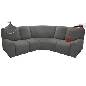 lot 7020 image: ROFASVCO 100% Waterproof Reclining Sectional Couch Covers Fleece Stretch 5-Piece L Shape Recliner Sofa Cover Washable Non Slip Corner Couch Cover Recliner Slipcovers Protector (5 Seat, Gray) - Retail $128.94