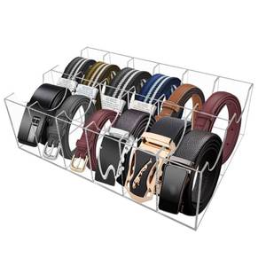 lot 7025 image: Hlimior Belt Organizer, Acrylic 12 Compartments Belt Container Storage Holder, Acrylic Belt Display Storage Box, Clear Belt Display Case for Closet Tie and Bow Watch Jewelry Bracelets Rings