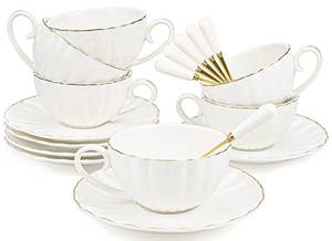 lot 7038 image: Yesland Set of 6 Royal Tea Cups and Saucers with Gold Trim, 8 oz White Porcelain Tea Set & British Coffee Cups, White Latte Cups and Espresso Mug for Specialty Coffee Drinks, Latte, Cafe Mocha, Tea
