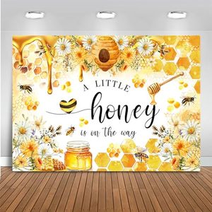 lot 7044 image: Mocsicka Bee Baby Shower Backdrop - A Little Honey is on The Way Baby Party Decorations Banner for Kids - Honeycomb Bumble Bee Photography Background (Yellow, 7x5ft(82x60))