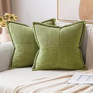 lot 7061 image: MIULEE Boho Decorative Pillow Covers for Couch Bed Sofa Farmhouse Home Decor 16x16 inch Set of 2 Green Throw Pillow Broadside Soft Corduroy Pillowcase with Splicing Cushion Livingroom