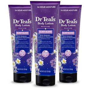lot 7084 image: Dr Teals Sleep Body Lotion, 24-Hour Moisture, with Melatonin, Lavender &amp Chamomile Essential Oils, 8 fl oz (Pack of 3)