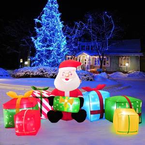 lot 7092 image: 7FT Long Inflatable Santa Claus with Presents, Lighted Christmas Inflatable Gift Boxes Yard Decoration, LED-Lit Blow Up Santa for Outdoor Holiday Decor, Festive Inflatable Christmas Decorations