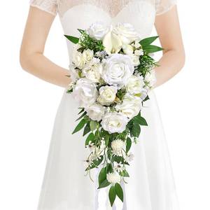 lot 7111 image: Faylifeway Wedding Bouquets for Bride, White Cascading Bridal Bouquet Artificial Flowers��9.8 Inch Bride Bouquets for Wedding Decoration, Boho Ceremony,Church, Anniversary Decor
