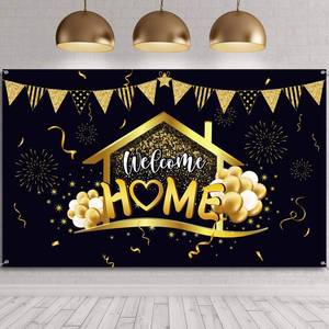 lot 7112 image: Tatuo Welcome Home Backdrop Homecoming Party Decorations Supplies Welcome Back Banner Return Home Photography Background for Family Party Decoration Photo Booth Black Gold, 70.8 x 43.3 Inch