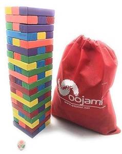 lot 7116 image: Oojami Wooden Tumbling Timber Toppling Stacking Board Games Building Blocks for Kids - 60 Pieces with Storage Bag Color Match Play Sets for Kids and Families