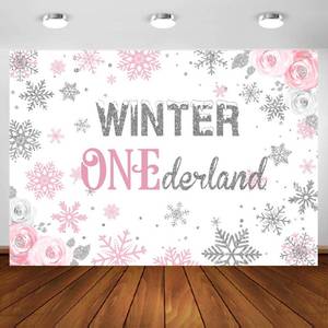 lot 7133 image: Aperturee 10x7ft Winter Onederland Backdrop, Newborn Baby Girls First 1st Christmas Birthday Snowflake Background Photography Holiday Pink Silver Party Decoration Photo Booth Candy Table Decor Banner