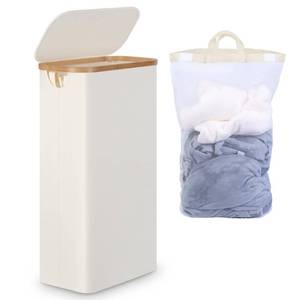 lot 7151 image: efluky Slim Laundry Basket with Lid, Tall Laundry Hamper with Removable Bag, Narrow Dirty Clothes Hamper with Bamboo Handles for Bathroom, Bedroom and Laundry Room, 63L Beige
