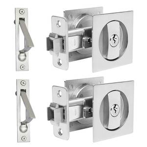 lot 7154 image: Dontay 2 Pack Pocket Door Lock with Key, Contemporary Entrance Sliding Barn Door Lock Latch, Recessed 2 Sided, 2 38 Backset, Flush Handles Hardware (Including Edge Pull, Brushed Nickel, Square)