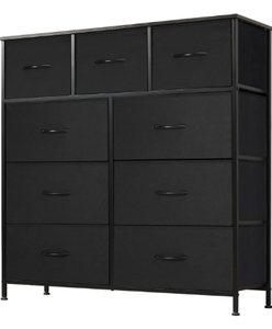 lot 806 image: DUMOS Dresser for Bedroom, Storage Organizer with 9 Drawers, Chest of Drawers with Fabric Bins, Sturdy Metal Frame, Wood Tabletop for Guest Room, Closet, Entryway, Nursery