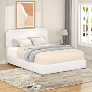 lot 835 image: Favfurish Queen Size Boucle Upholstered Platform Bed with Patented 4 Drawers Storage, Curved Stitched Tufted Headboard, Wooden Slat Mattress Support, No Box Spring Needed,Ivory - Retail $356.37