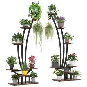 lot 837 image: LITTLE TREE 5-Tier Tall Indoor Plant Stand Pack of 2, Large Metal Plant Shelf Flower Bonsai Pots Display Rack for Garden, Balcony, Living Room, Brown - Retail $172.93