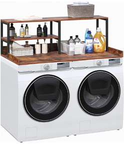 lot 841 image: Washer Dryer Countertop with Shelves, 17.5 Tall Laundry Countertop, Laundry Topper for Washer and Dryer, Laundry Room Organization and Storage, Retro Brown