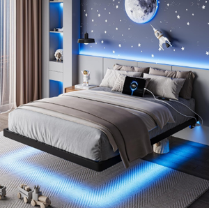 lot 846 image: Feonase Twin Size Floating Bed Frame with Charging Station and Led Lights, Metal Bed Frame with Heavy Duty Steel Slats Supports, No Box Spring Needed, Easy Assembly, Black