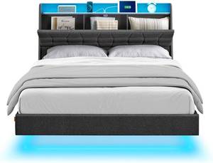 lot 815 image: VASAGLE Queen Size Floating Bed Frame with LED Lights, Queen Bed Frame with Charging Station, Tufted Storage Headboard, Upholstered Platform Bed Frame