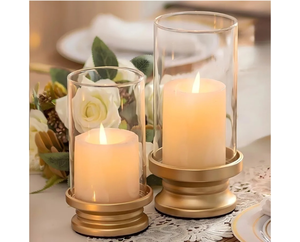 lot 11329 image: NUPTIO Hurricane Candle Holder Gold Set of 2 Candle Holders for Pillar Candles with Clear Glass Sleeve - Decorative Metal Pillars Stands for Wedding Party Christmas Holiday Dining Table Centerpiece