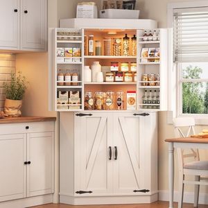 lot 11330 image: Corner Cabinet, Kitchen Pantry Cabinet, Storage Cabinet with 4 Doors and Shelves, Kitchen Cabinet, Pantry Cabinet, Tall Food Pantry Storage Cabinet Farmhouse Furniture for Kitchen Dining Room, White - Retail $238.72