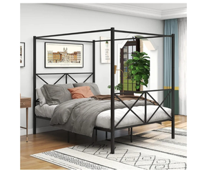lot 11344 image: JURMERRY Queen Size Canopy Bed Frame with Metal Headboard and Footboard Modern Style Steel Bed Platform Heavy Duty Slats Bed, Black
