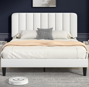 lot 11347 image: VECELO Full Size Bed Frame with Upholstered Headboard, Velvet Platform Bedframe Mattress Foundation, Strong Wood Slat Support, No Box Spring Needed,White