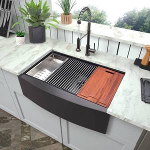 lot 11353 image: ARAUSK Farmhouse Sink, 33 x 22 Inch Undermount Kitchen Sink 16 Gauge Black Stainless Steel Kitchen Sinks Apron Front Single Bowl 10 Inch Deep Workstation Sink with Cutting Board - Retail $334.17