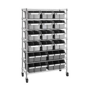 lot 11354 image: Seville Classics Heavy Duty NSF Bin Rack Solid Steel Wire Shelving Storage Unit, Patented Organizer for Garage, Warehouse, Office, Restaurant, Classroom, Kitchen, Gray, Includes 16 Bins - Retail $229.85