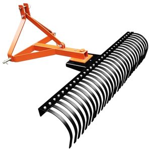 lot 11355 image: GarveeLife 5FT Landscape Rake for Tractor, 3 Point Rock Rake Tow-Behind Rake for Tractors, Fits Category 1 Category 2, 30 Steel Tines - Retail $417.7