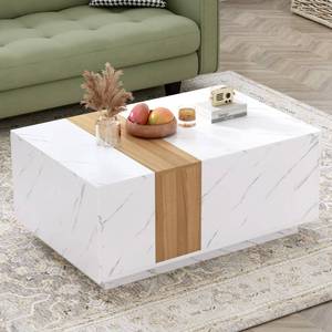 lot 11363 image: Merax Modern 35.4 x 23.6 Inch Two-Tone Rectangular Center Coffee Table with Faux Marble and Walnut Wood Grain Finish, 2 Storage Drawers, Practical Cocktail Tabletop for Living Room, White - Retail $99.99