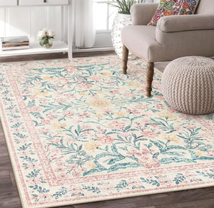 lot 11383 image: Wonnitar Machine Washable 5x7 Nursery Rug, Pink Rugs for Bedroom Girls, Boho Soft Floral Carpet Non Slip, Indoor Ultra-Thin Floor Carpet for Kid Room Living Room Dorm