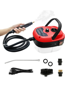 lot 11389 image: Handheld Steam Cleaner, 2500W Pressurized Steam Cleaner with 3 Brush Heads, Portable Steam Cleaner for Home, Car, Furniture, Kitchen, Bathroom and Wall, Red