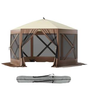 lot 11394 image: GarveeLife 12x12ft Pop-Up Gazebo Screen Tent,6-Sided Canopy Sun Shelter with Portable Carry Bag, Fiber Poles, Guy Rope, Ground Pegs, and 600D Oxford Cloth for Patio, Lawn, and Backyard(Brown  Beige)