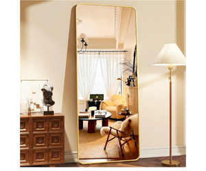 lot 11399 image: 64x21 Full Length Mirror, Full Body Rounded Corner Rectangle Mirrors with Stand, Standing or Leaning Metal Framed Floor Mirror, Wall Mounted Mirrors Hang Horizontally or Vertically, Gold