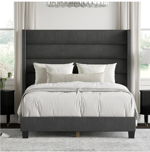 lot 11411 image: DG Casa George Upholstered Panel Bed Frame with Tall Tufted Horizontal Channel Wingback Headboard, Queen Size in Charcoal Fabric