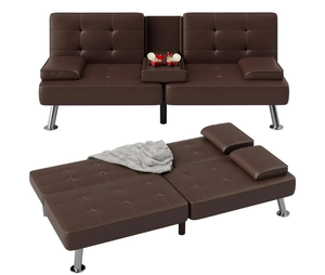 lot 11417 image: Flamaker Futon Sofa Bed Modern Folding Futon Set Convertible Recliner Lounge for Living Room with 2 Cup Holders, Removable Armrests (PU Leather, Brown)