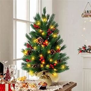 lot 11332 image: 24 Inch Artificial Christmas Tree, 2 FT Tabletop Christmas Pine Tree 55 Tips with 10 Pinecones, 70 Red Berries, Burlap Wooden Base, Christmas Winter Home Decorations set of 2