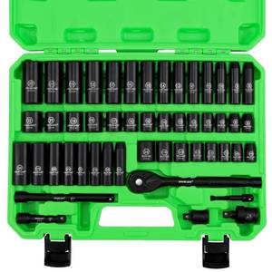 lot 1805 image: SWANLAKE 38 Drive Impact Socket Set, 50-Piece Standard SAE (516 to 34 inch) and Metric (8-22mm) Size, 6 Point, Cr-V, 38-Inch Ratchet Handle, Extension Bar, Universal Joint