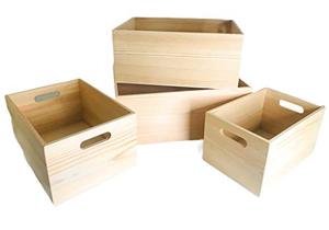 lot 1819 image: Oojami 4 Pack Unfinished Wooden Crates with Cutout Handles �� DIY Nesting Wood Boxes for Storage, Home Organization & Display �� Rustic Wooden Storage Crates for Crafting, D�cor, Shelves & More