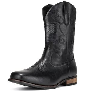 lot 1820 image: IUV Cowboy Boots For Men Western Boot Classic American Flag Embroidered Square Toe Mid-Calf Boots
