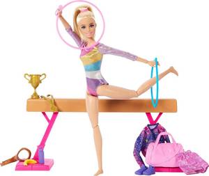lot 1840 image: Barbie Careers Playset, Gymnastics Set with Blonde Gymnast Fashion Doll, C-Clip for Flipping Action, Balance Beam, Warm-Up Suit & Accessories