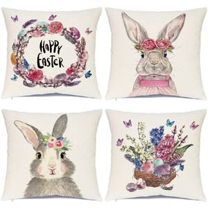 lot 2144 image: Hlonon Easter Pillow Covers 18x18 Set of 4 Easter Pillow Case Rabbit Bunnies with Eggs Canvas, Cotton Linen Throw Pillow Covers Zippered Square