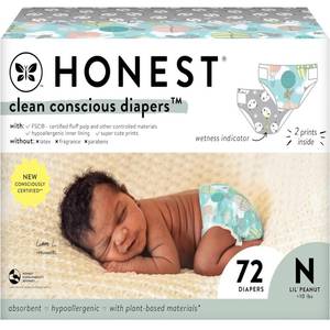 lot 2149 image: The Honest Company Clean Conscious Diapers for Sensitive Skin  Hypoallergenic, Fragrance Free  Gender Neutral Prints  Club Box, Size Newborn, 72 Count